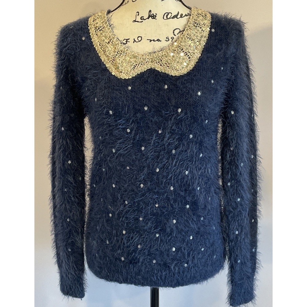 Women's Vintage Pullover Embellished Crochet Eyelash Sweater Size L Sequins Blue